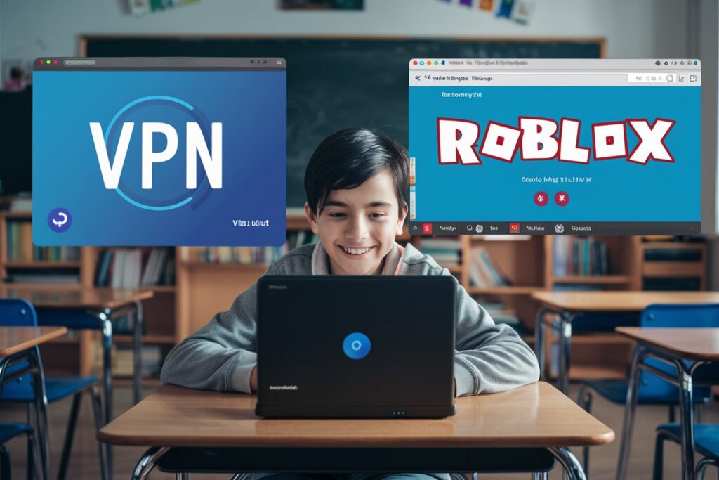 Student using a Chromebook with a VPN application open and Roblox website accessible in a classroom setting