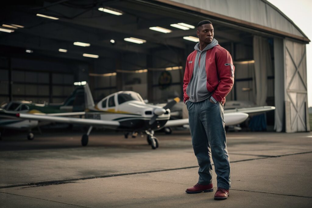 Player character standing in front of a Hangar with various aircraft inside.