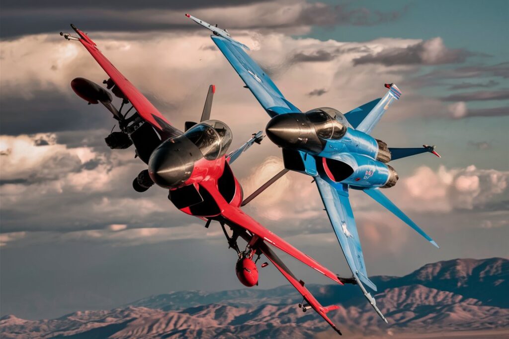 Two jets in an aerial dogfight with dramatic sky and clouds.