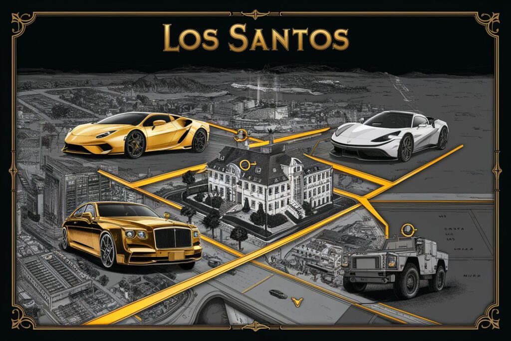 Map of Los Santos showing locations for finding valuable cars in GTA 5 Online.