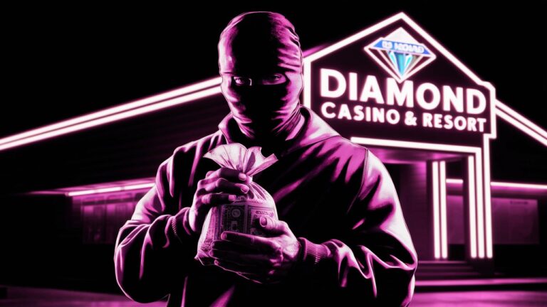 GTA 5 Casino Heist guide, masked figure holding money, Diamond Casino & Resort