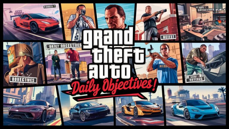 Player completing daily objectives in GTA Online, featuring activities like racing, heists, and exploring locations, with the title "GTA Online Daily Objectives" displayed.