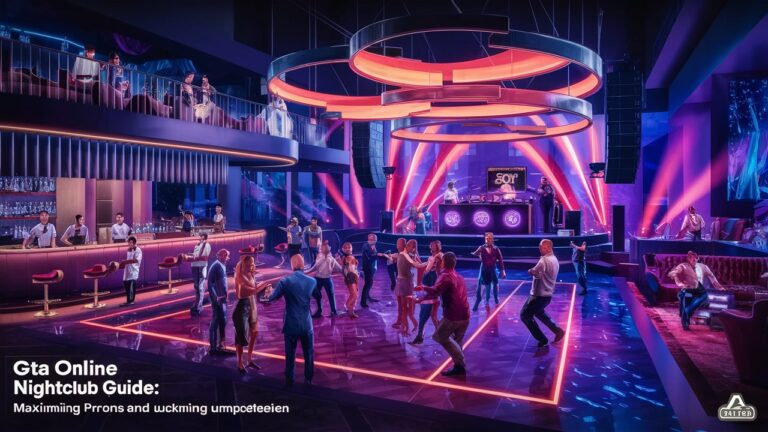 Vibrant nightclub in GTA Online with a dance floor, DJ, bar area, and VIP section, showcasing the guide's title.