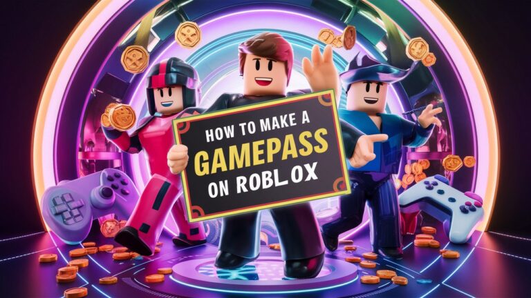 Three Roblox characters holding a board with the text "How To Make A Gamepass On Roblox" in a vibrant, futuristic setting with gaming icons and neon accents.