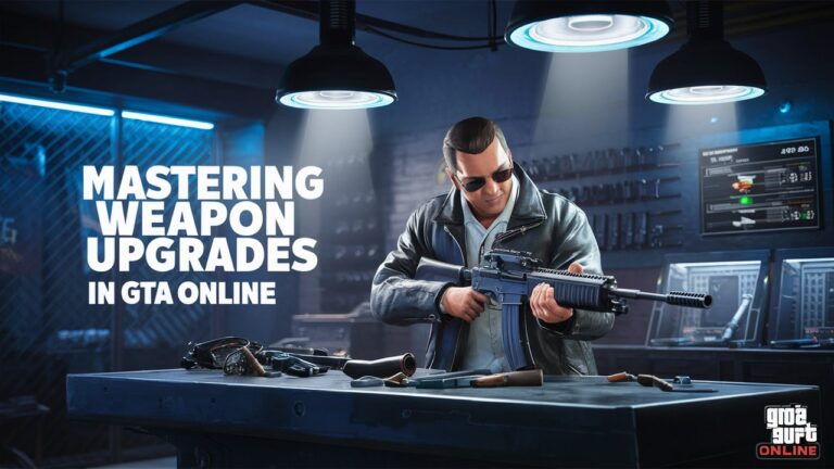 GTA Online character upgrading a rifle at a neon-lit weapon workbench.