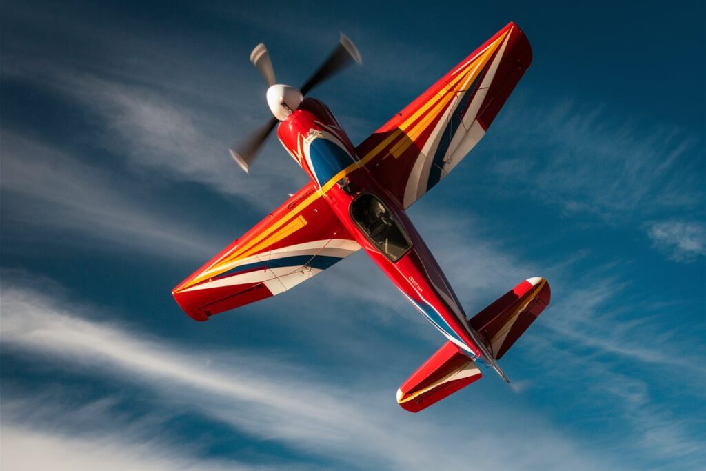 Plane performing a barrel roll against a clear blue sky.