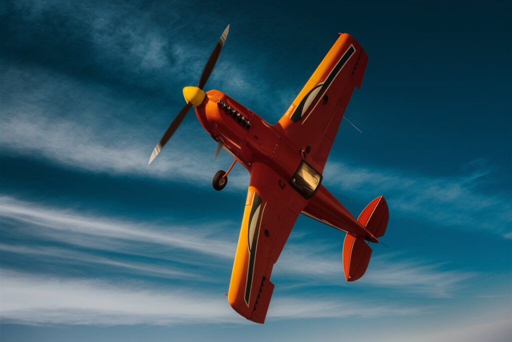 Plane performing a barrel roll against a clear blue sky.