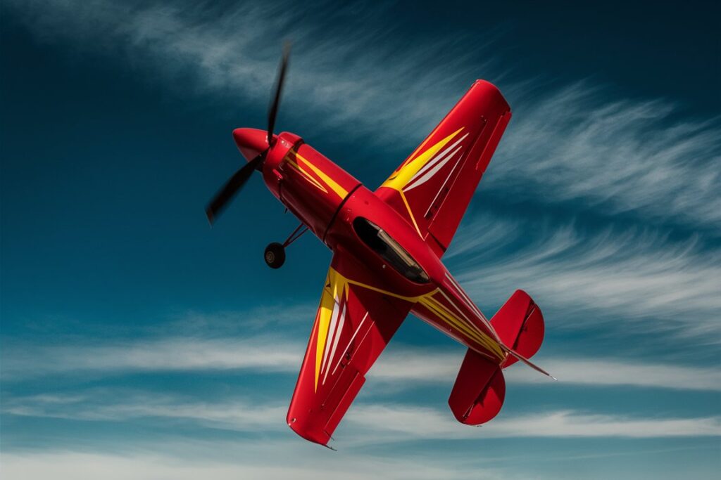 Plane performing a barrel roll against a clear blue sky.