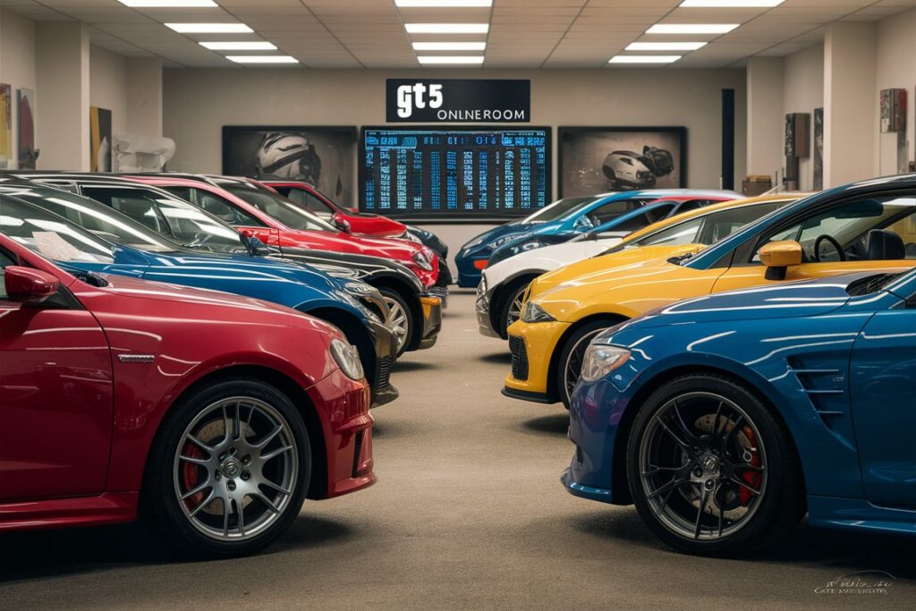 Various cars lined up in a GTA 5 Online showroom with digital price board.