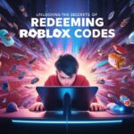 Digital artwork showing a player at a computer surrounded by floating Roblox items with the title 'Unlocking the Secrets of Redeeming Roblox Codes'.