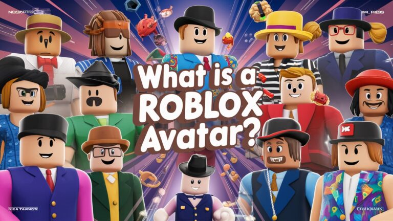 Colorful and diverse Roblox avatars showcasing different styles and customization options, with the title 'What is a Roblox Avatar?' in bold, playful font