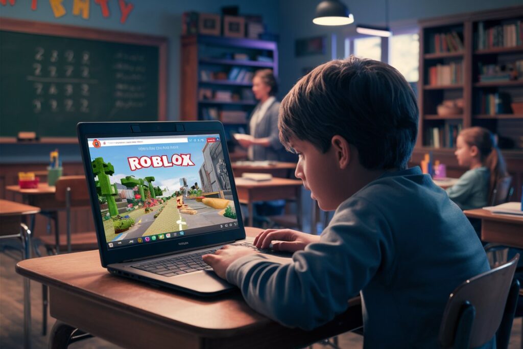 Student using a Chromebook with the Roblox website open in a classroom setting