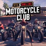 Bikers in front of a stylish clubhouse in GTA 5 Online Motorcycle Club Guide.