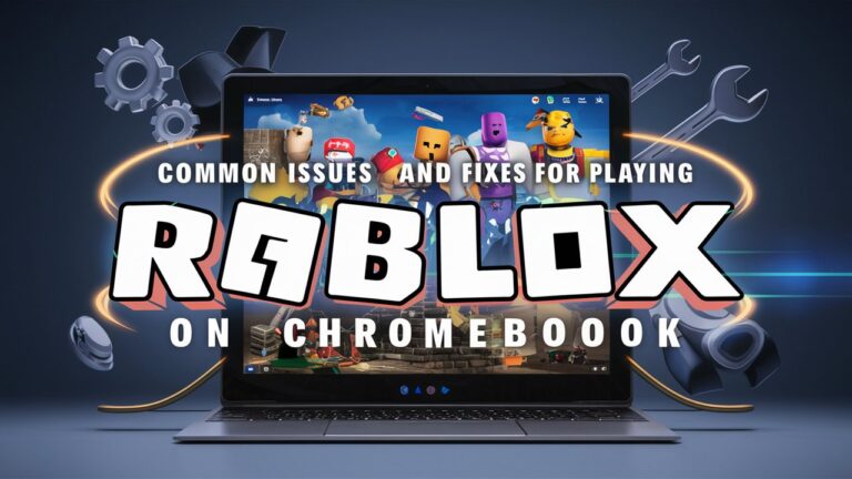 Feature image displaying the title 'Common Issues and Fixes for Playing ROBLOX on Chromebook,' with a Chromebook screen showing ROBLOX gameplay and icons representing troubleshooting tools.