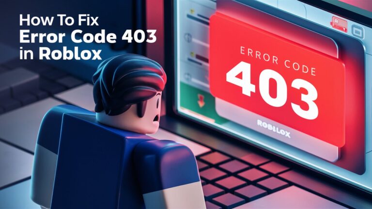 Roblox character facing Error Code 403 warning sign with title "How To Fix Error Code 403 in Roblox