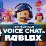 Roblox avatars using microphones and headsets in a vibrant game setting, representing how to activate and use voice chat in Roblox, with settings and chat icons.