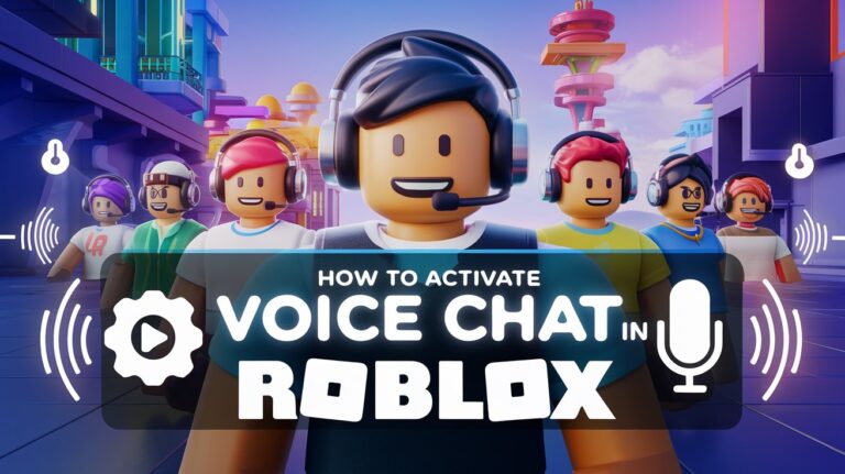 Roblox avatars using microphones and headsets in a vibrant game setting, representing how to activate and use voice chat in Roblox, with settings and chat icons.