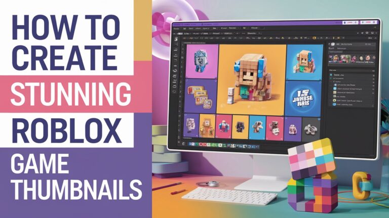 Digital workspace showing the creation of a Roblox game thumbnail with design tools and vibrant colors.