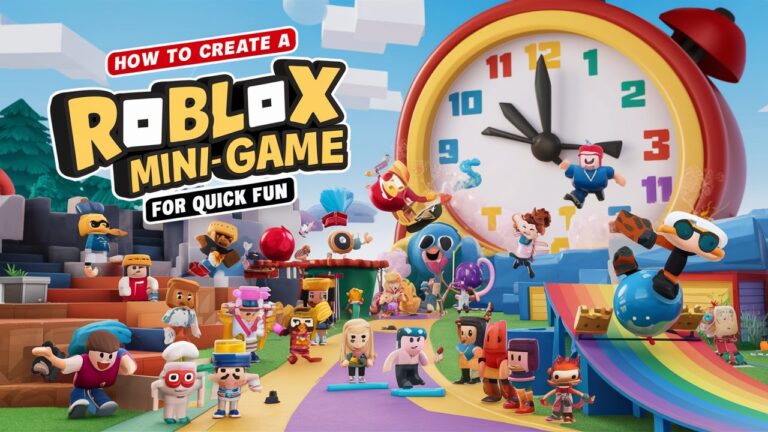 Roblox mini-game creation scene with colorful assets and interactive elements. Title "How to Create a Roblox Mini-Game for Quick Fun" included.