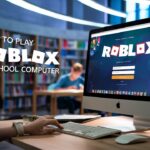 School computer displaying Roblox website in a classroom setting with students.