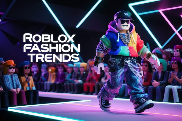 Roblox avatar walking down a virtual runway, showcasing a bold and trendy streetwear outfit with accessories.