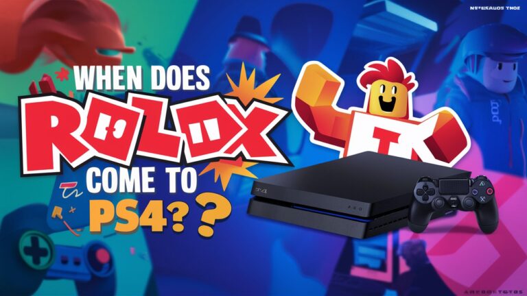 Roblox logo with PlayStation 4 console on a vibrant background, hinting at the anticipated release.