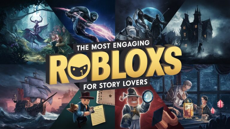 The Most Engaging Roblox Games for Story Lovers - Collage of fantasy realms, space adventures, haunted mysteries, pirate treasures, detective stories, and time-travel puzzles.