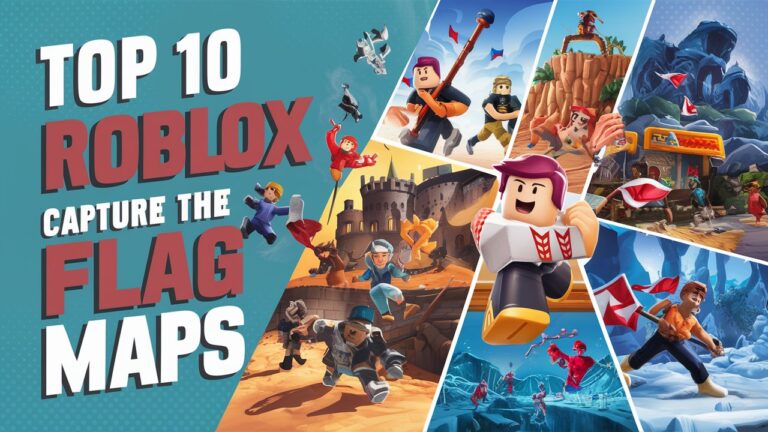 Roblox characters in action across various themed environments, including castles, deserts, and jungles, showcasing the top 10 Capture the Flag maps with a focus on strategy and competitive gameplay