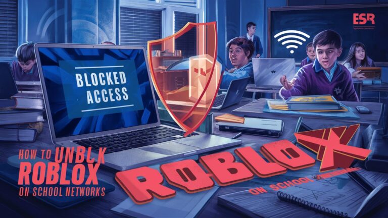 How to Unblock Roblox on School Networks - A guide to accessing Roblox safely on school networks with laptops, a shield symbolizing security, and the Roblox logo.