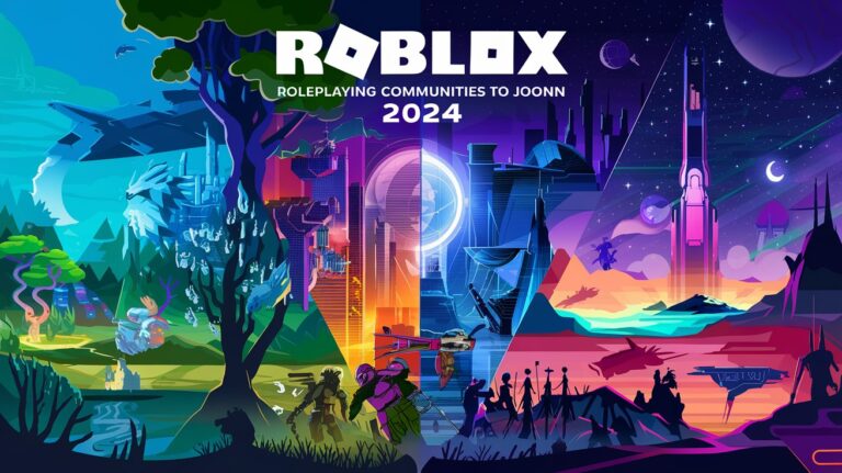 Feature image displaying diverse Roblox roleplaying communities in 2024, including fantasy, futuristic, medieval, and sci-fi themes.