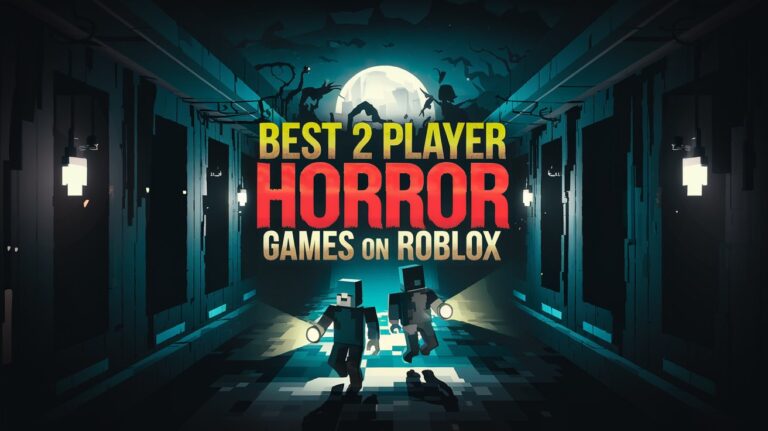 Two Roblox avatars exploring a haunted environment with flashlights, eerie corridors, and lurking shadows. Best 2 player horror games on Roblox feature image.