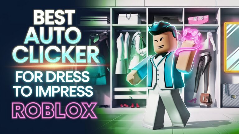 Roblox avatar using auto clicker to select outfits in Dress to Impress Roblox, showcasing speed and efficiency in outfit selection with fashion-themed background elements