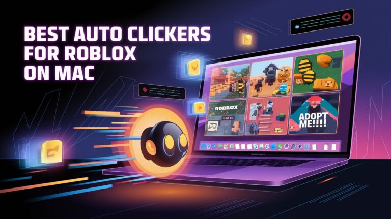 MacBook displaying Roblox game with auto clicker in action, featuring popular games like Bee Swarm Simulator and Adopt Me, emphasizing gameplay automation on Mac