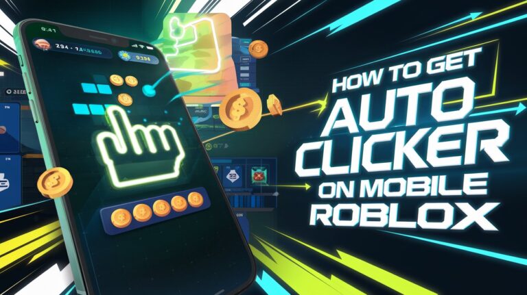 Mobile screen showing Roblox game with a glowing hand tapping icon, representing how to use an auto clicker on mobile Roblox to automate gameplay and boost efficiency.