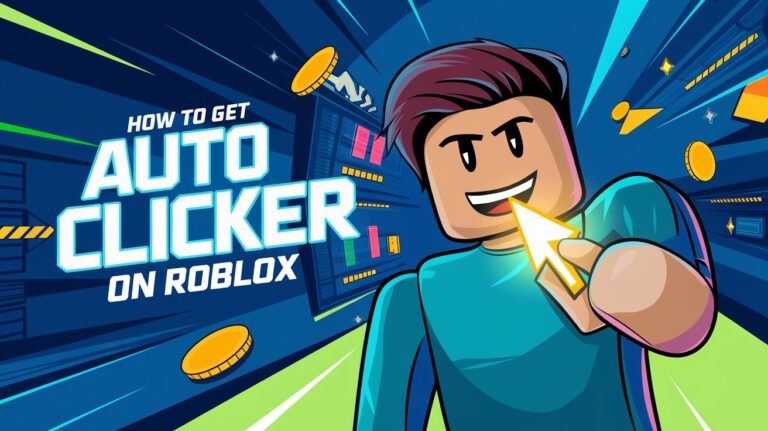 Roblox avatar using auto clicker with a glowing mouse cursor in a vibrant game setting, illustrating how to automate Roblox Clicker gameplay