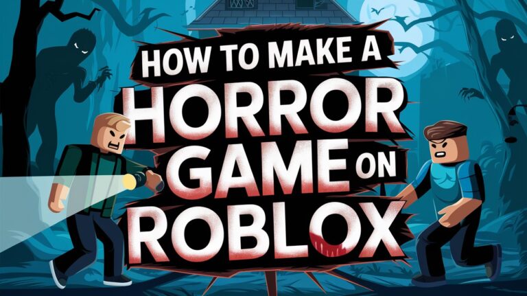 Dark, eerie scene with Roblox avatars exploring a haunted house, holding flashlights, with fog and shadowy figures in the background. How to make a horror game on Roblox feature image.