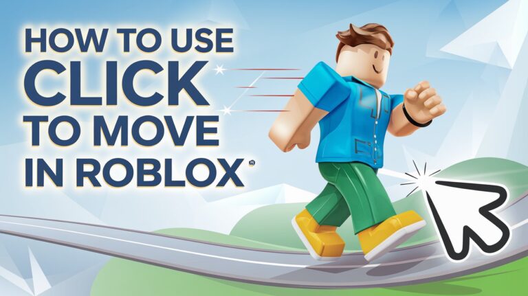 Roblox avatar demonstrating the Click to Move feature with a mouse cursor, showcasing simplified gameplay in vibrant colors.