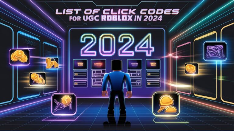 Roblox avatar in a futuristic store surrounded by click codes, coins, and rewards, representing the latest Click Codes for UGC Roblox in 2024.