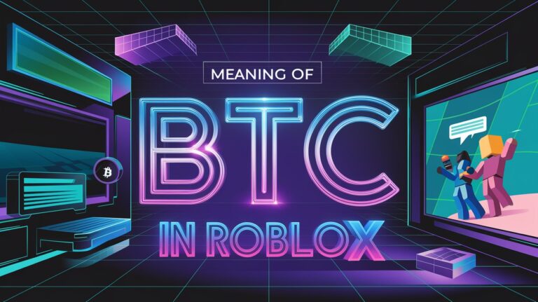 Meaning of BTC in Roblox with a vibrant virtual gaming world, featuring digital currency symbols and Roblox characters interacting in a neon-colored environment.