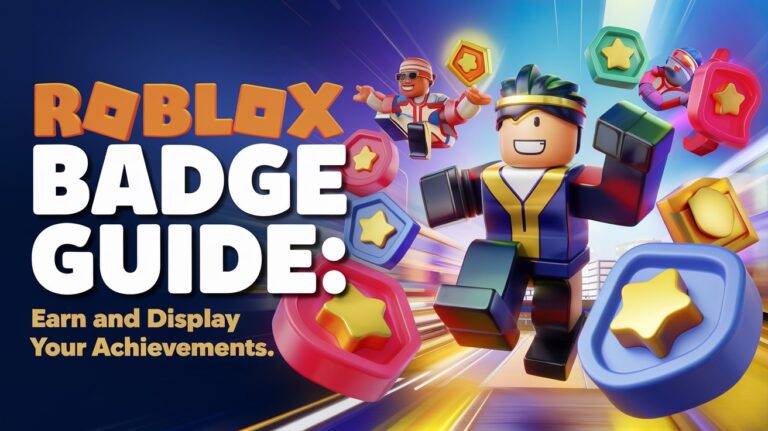 Roblox characters celebrating while surrounded by colorful achievement badges like stars and shields, with a bold title 'Roblox Badge Guide: Earn and Display Your Achievements' in a playful font