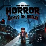 Roblox character in a dark forest with spooky creatures, red-eyed shadows, and a flashlight, featuring the title 'Top 10 Best Horror Games on Roblox