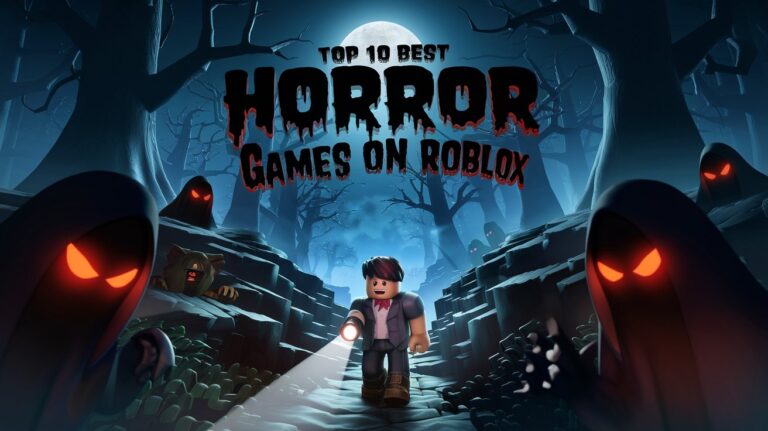 Roblox character in a dark forest with spooky creatures, red-eyed shadows, and a flashlight, featuring the title 'Top 10 Best Horror Games on Roblox