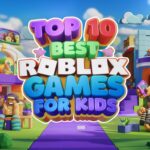 Colorful Roblox characters with the text "Top 10 Best Roblox Games for Kids" in a bold, playful font. The image represents a fun and safe gaming environment for children.