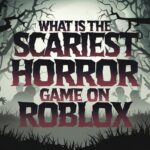 Dark and eerie horror scene with fog, shadowy figures, and glowing red eyes, featuring the title 'What is the Scariest Horror Game on Roblox' in bold spooky font.