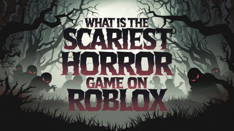 Dark and eerie horror scene with fog, shadowy figures, and glowing red eyes, featuring the title 'What is the Scariest Horror Game on Roblox' in bold spooky font.