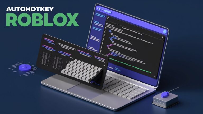 Laptop screen showing Roblox and AutoHotkey script, with keyboard and mouse automation icons representing task automation for better gaming performance in Roblox.
