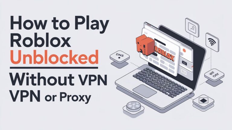 Laptop showing Roblox interface unblocked with icons representing DNS settings, Wi-Fi hotspot, and browser settings for unblocking Roblox without VPN or proxy.