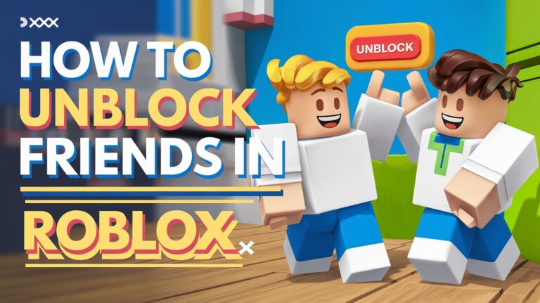 Feature image for the article "How to Unblock Friends in Roblox," showing two Roblox characters interacting, with an 'unblock' button and colorful game background, representing the steps to unblock friends in Roblox on mobile or desktop.