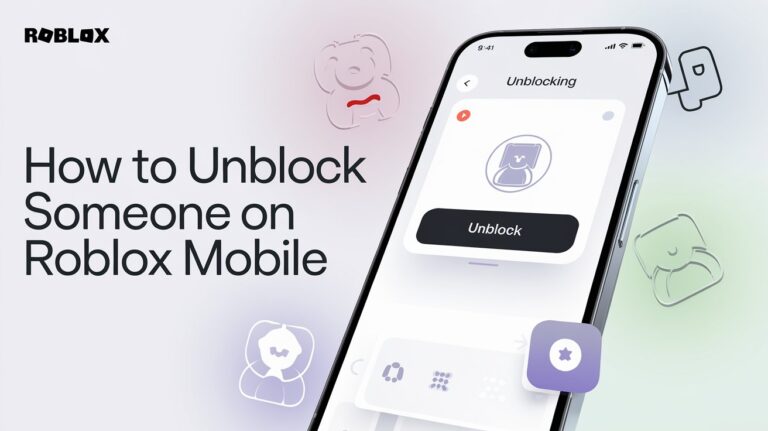 Mobile phone showing how to unblock someone on Roblox app with unblock button highlighted