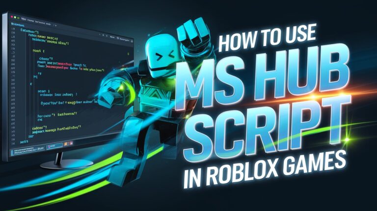 Feature image showing a dynamic, tech-inspired theme with glowing script codes, Roblox characters, and bold text reading 'How to Use MS Hub Script in Roblox Games.